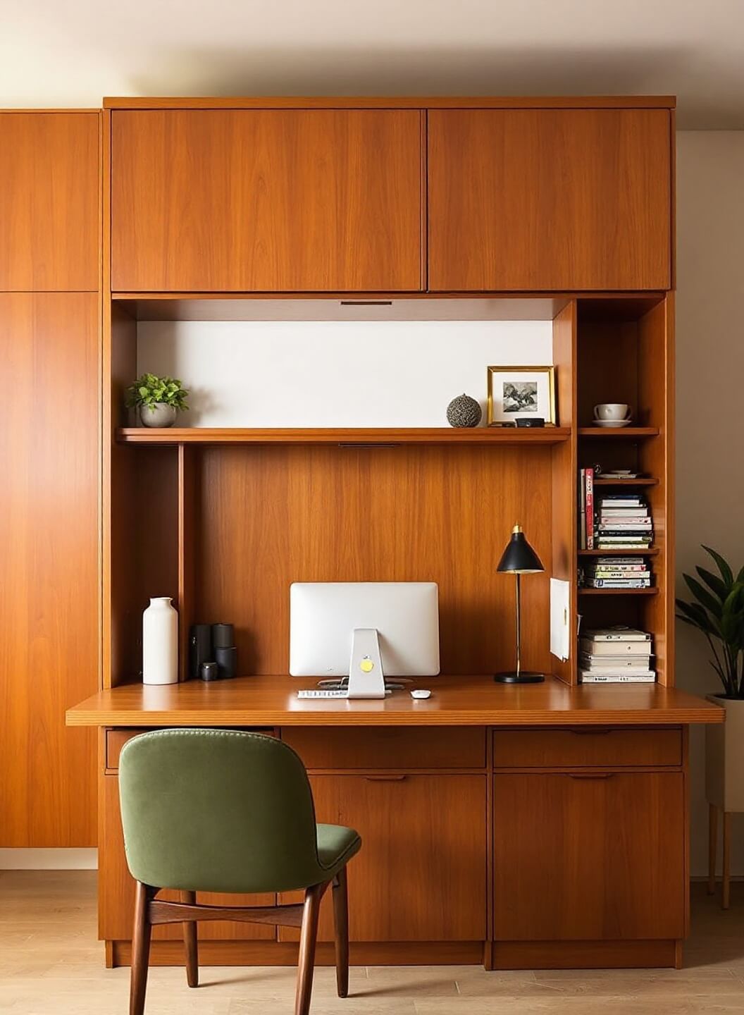 Mid-century modern home office with teak Murphy bed and desk, olive green accents, and brass pendant light during golden hour