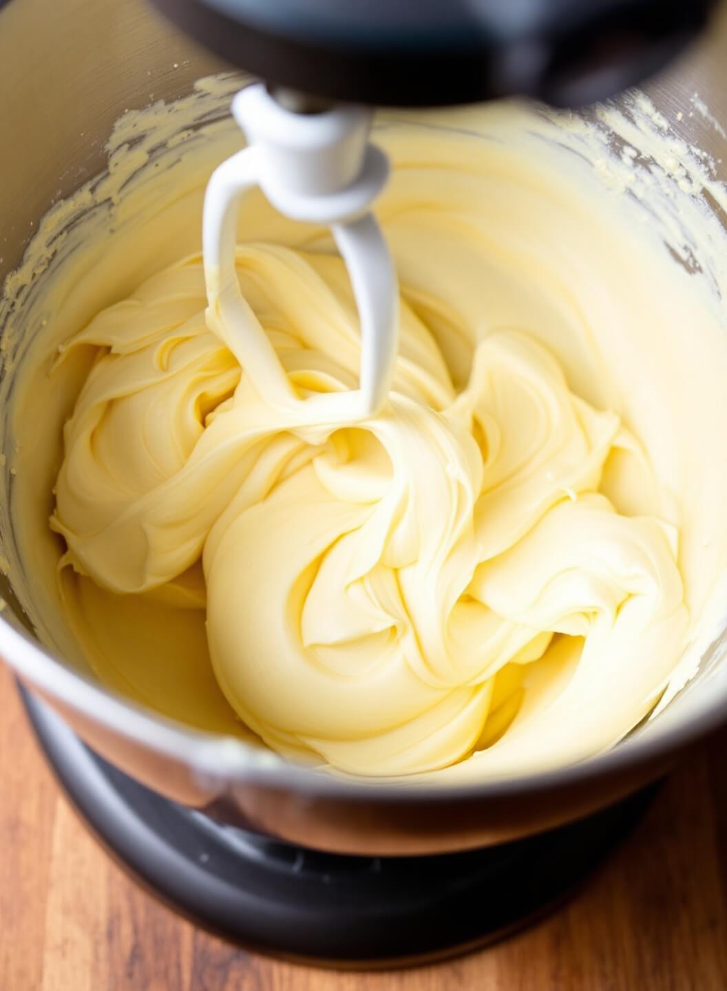 Stand mixer creaming golden butter and brown sugar into a light and airy texture under warm kitchen lighting