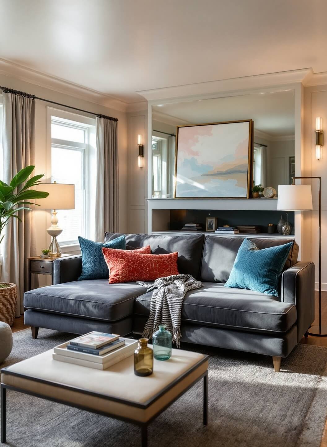 Cozy living room with charcoal grey velvet Murphy bed, adorned with jewel-toned accent pillows, under soft afternoon light and layered lighting from sconces and floor lamps, in an architectural photograph showcasing full transformation sequence.