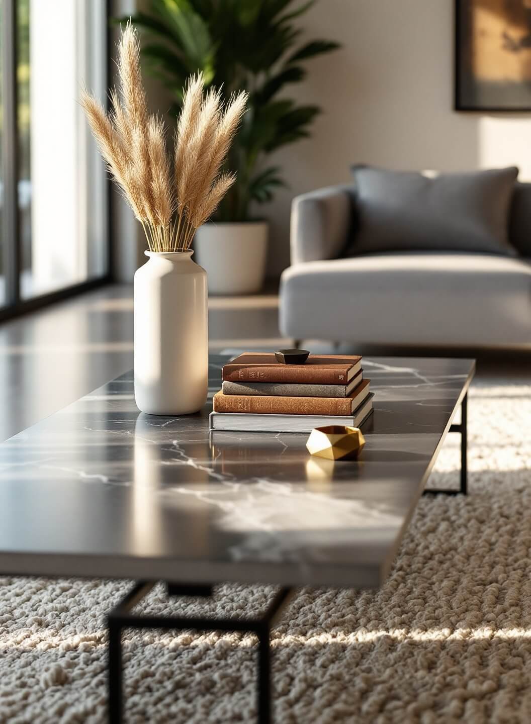 Modern living room with sunlight streaming through tall windows, highlighting a black marble coffee table styled with a white ceramic vase, stacked earth-toned books, and a small brass object, shot from a 45-degree angle.