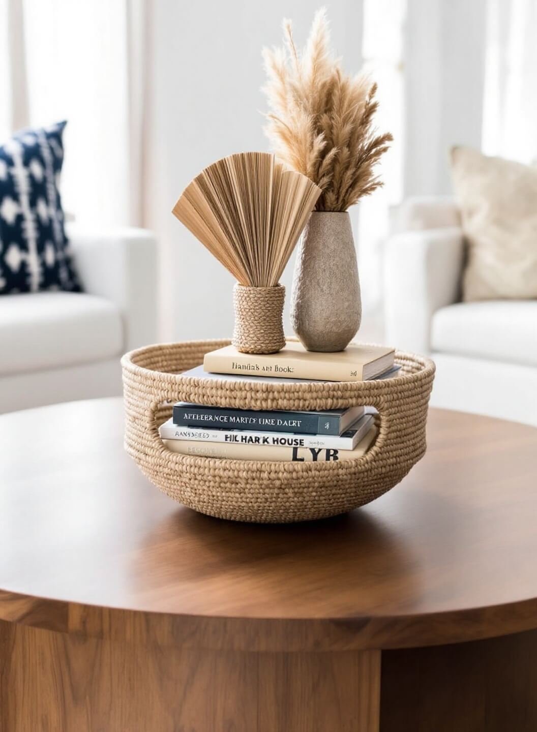 Stylish living room interior featuring a large round walnut coffee table styled in three layers; bottom with a handwoven basket, middle with arranged art books, and a ceramic vessel with dried arrangements on top, bathed in soft morning light filtering through sheer curtains.