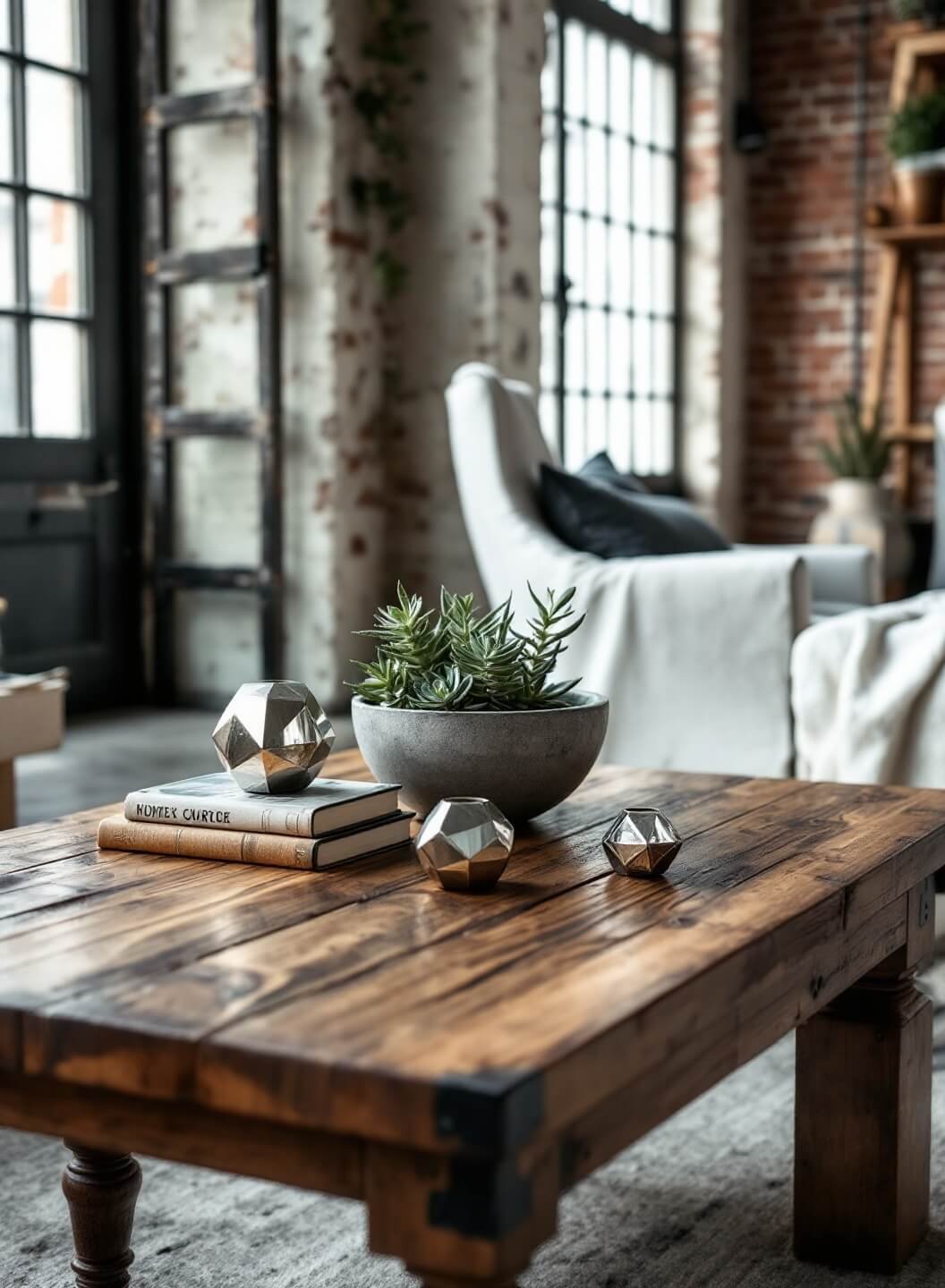 Wide angle view of industrial loft with reclaimed wood coffee table, vintage books, mercury glass vessels, succulent-filled concrete bowl, and geometric metallic sculptures in midday light from warehouse windows