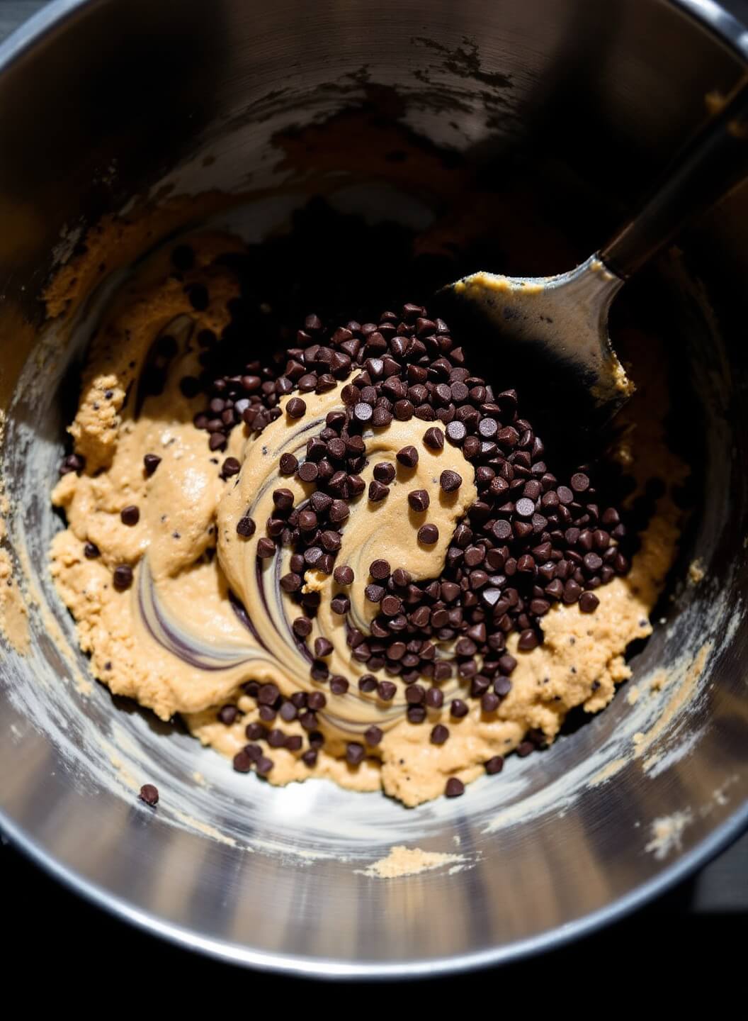 Overhead view of chocolate chips being folded into vanilla-speckled cookie dough in a stainless steel bowl, illuminated by natural window light