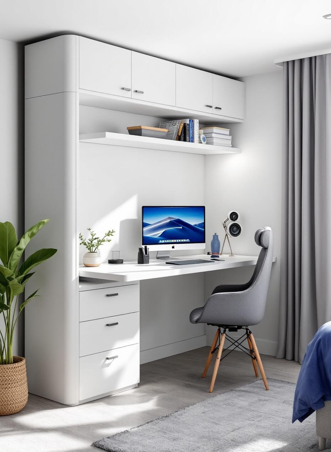 Corner shot of a modern home office with a floating desk and Murphy bed combination in matte white, showing spatial flow and morning light illuminating the ergonomic workspace with a dual monitor setup, in a cool grey and white color scheme with blue accents. Emphasis on cable management and tech integration.