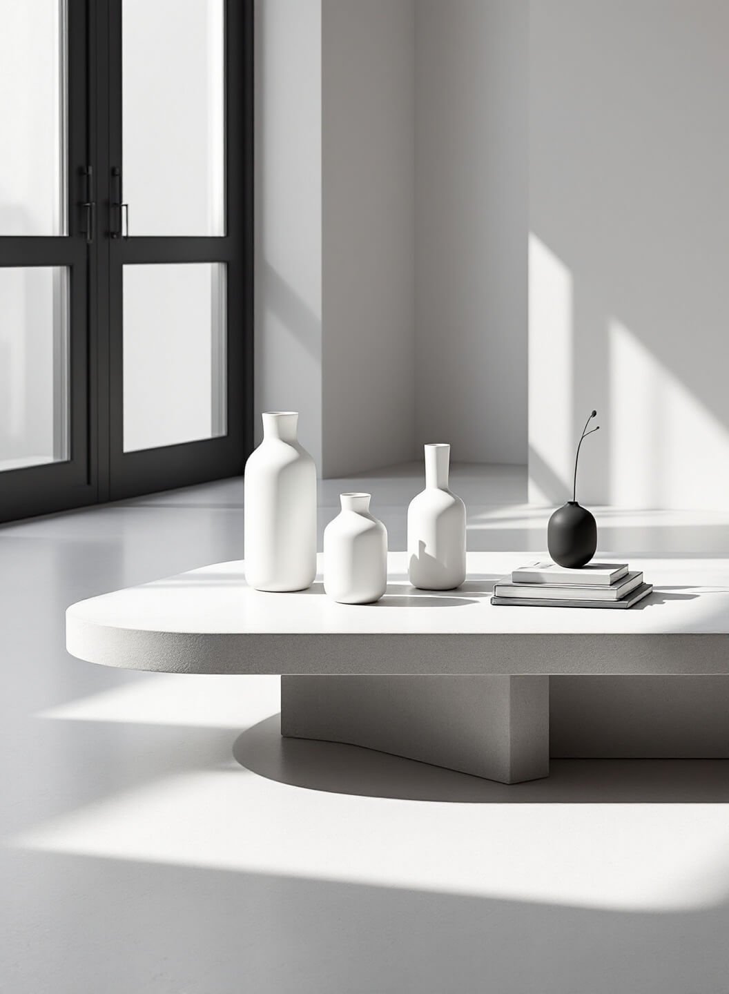 Modern minimalist room with low concrete coffee table, white ceramic vessels, pale grey art books, single black sculpture, under dramatic side lighting through architectural windows captured with ultra-wide lens