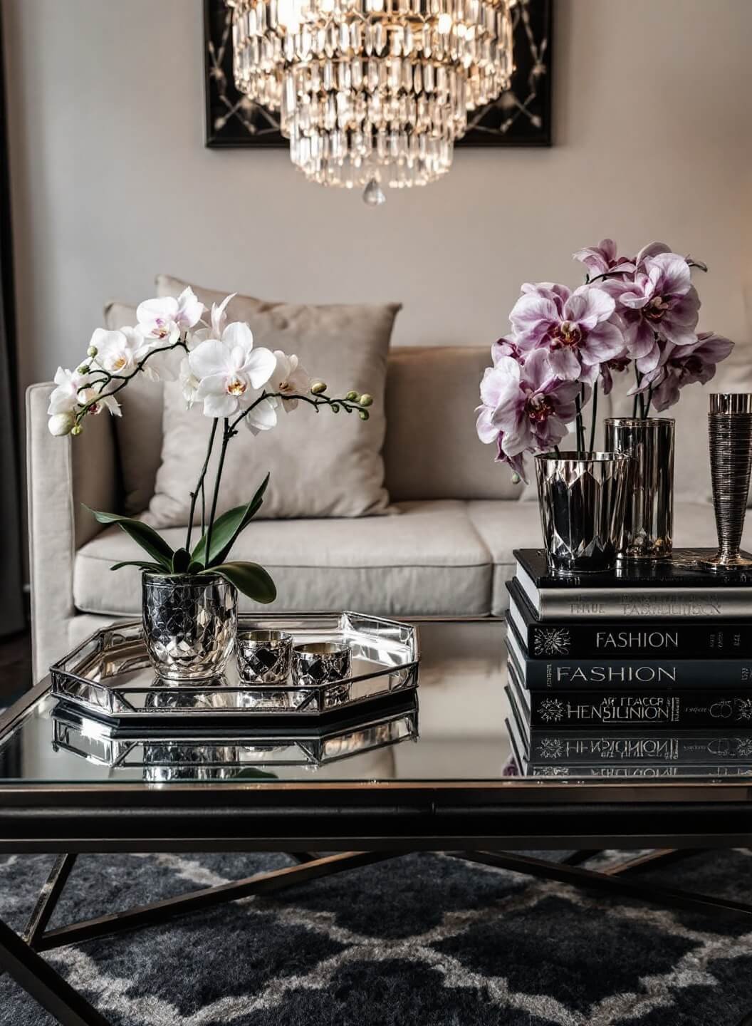 Glamorous luxe living room in evening lighting featuring mirrored coffee table, crystal chandelier, silver tray with orchids, art deco cocktail set and stacked fashion books
