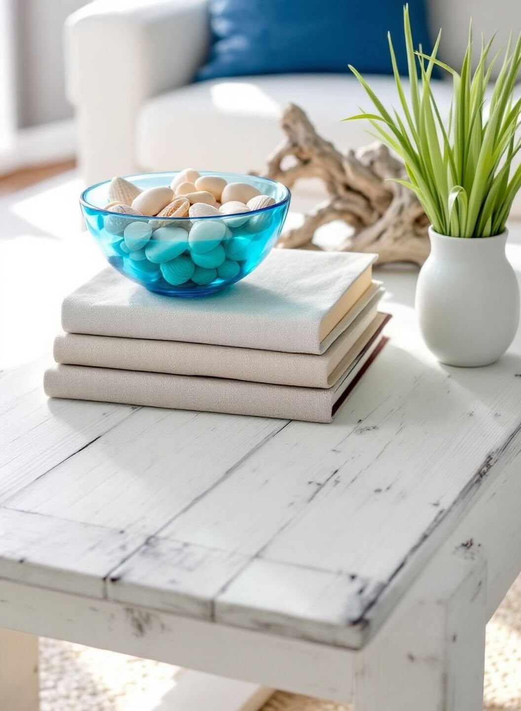 Bright, airy coastal living room with whitewashed wooden coffee table, blue glass bowl with shells, linen-bound books, driftwood, and sea grass in a ceramic vase