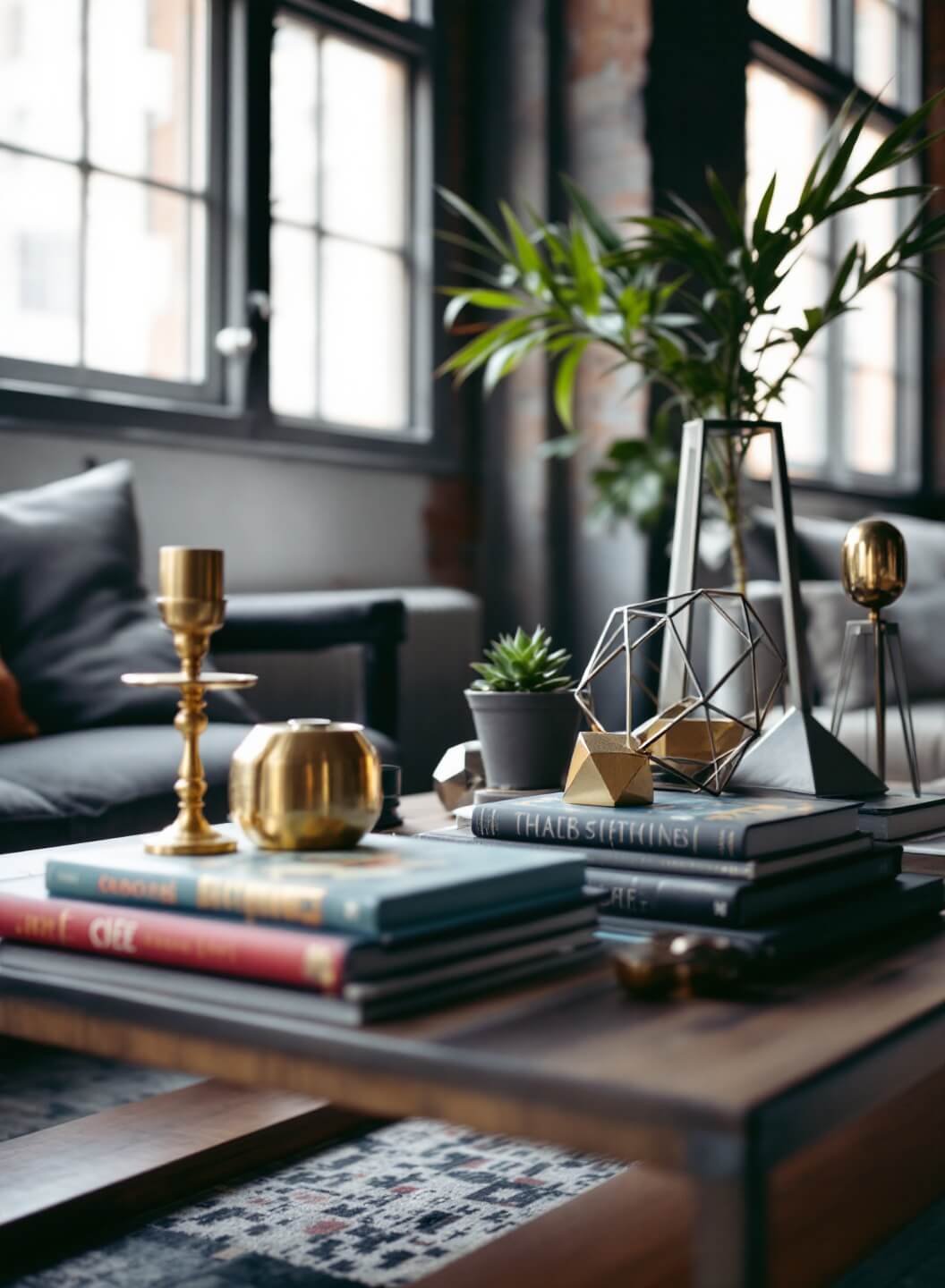 Eclectic urban loft with mixed-material coffee table, vintage brass objects, art books, potted succulents, geometric sculptures, under moody afternoon light through industrial windows