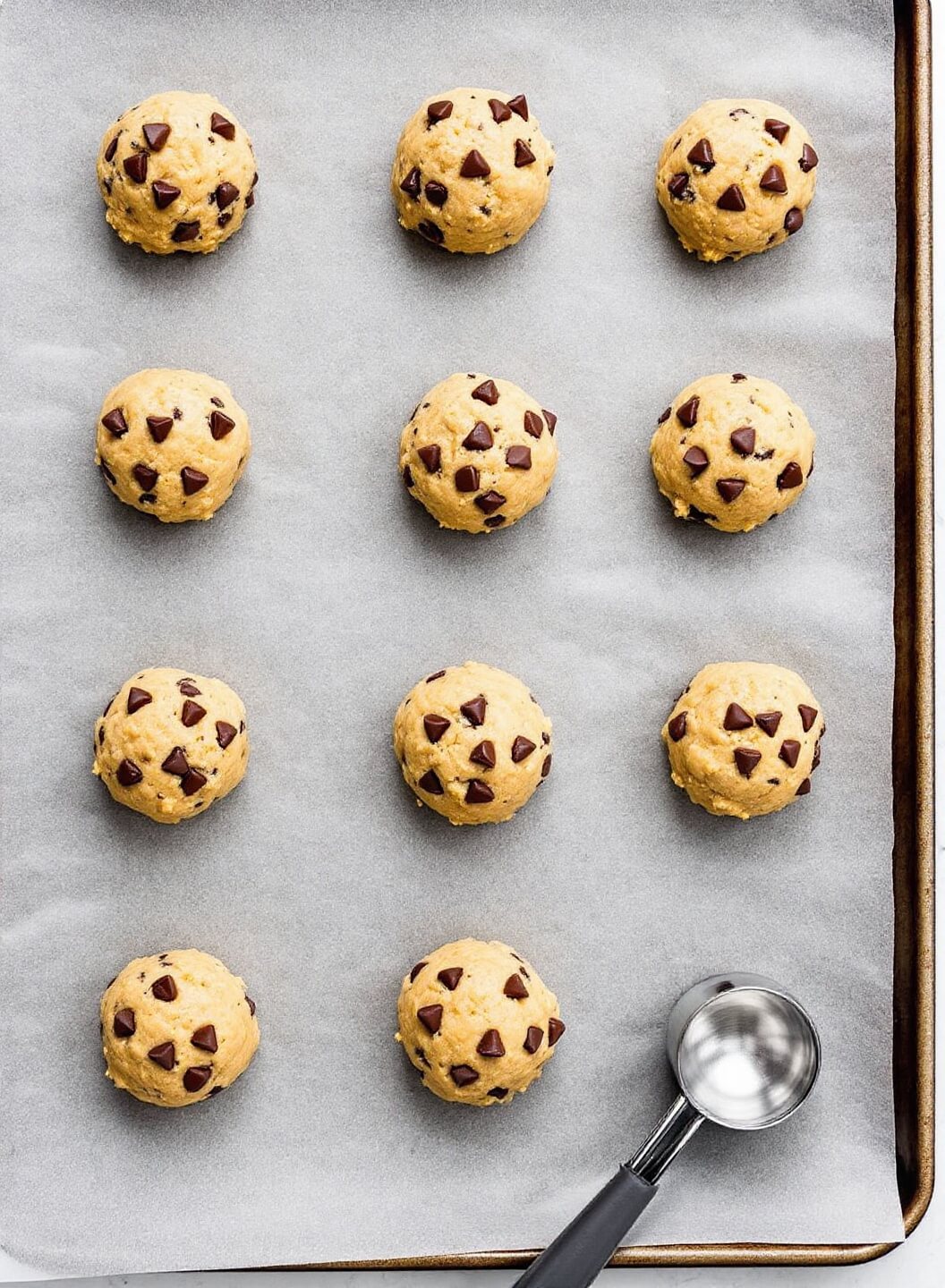 Perfectly portioned cookie dough balls with visible chocolate chunks on parchment-lined baking sheet, with cookie scoop and measuring tools nearby