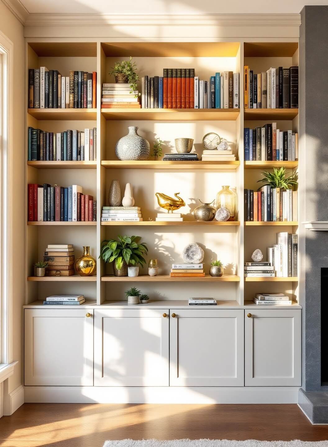 Contemporary living room in late afternoon light, featuring a tall white oak bookshelf with brass accents, decorated with books and vintage objects, arranged in a color-gradient from blue to terracotta.
