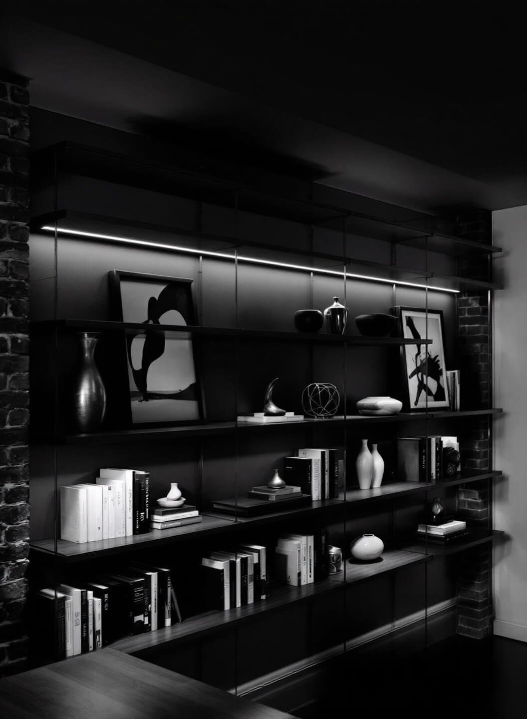 Moody evening view of a dark walnut floating bookshelf with LED lighting, in a high-ceiling, industrial-style library with exposed brick walls and monochromatic book arrangement, adorned with minimalist decor and black-and-white art.