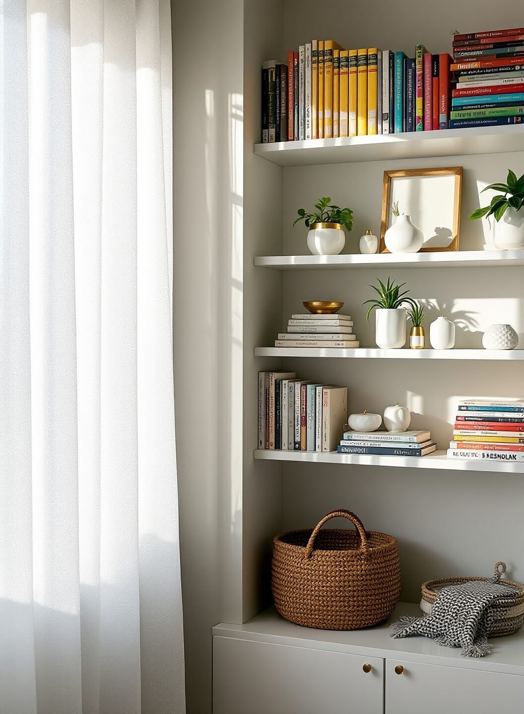 Scandinavian-style home office corner with rainbow-ordered bookshelf, air plants, ceramic vessels, brass objects, and a rattan basket, illuminated by soft morning light through sheer curtains.