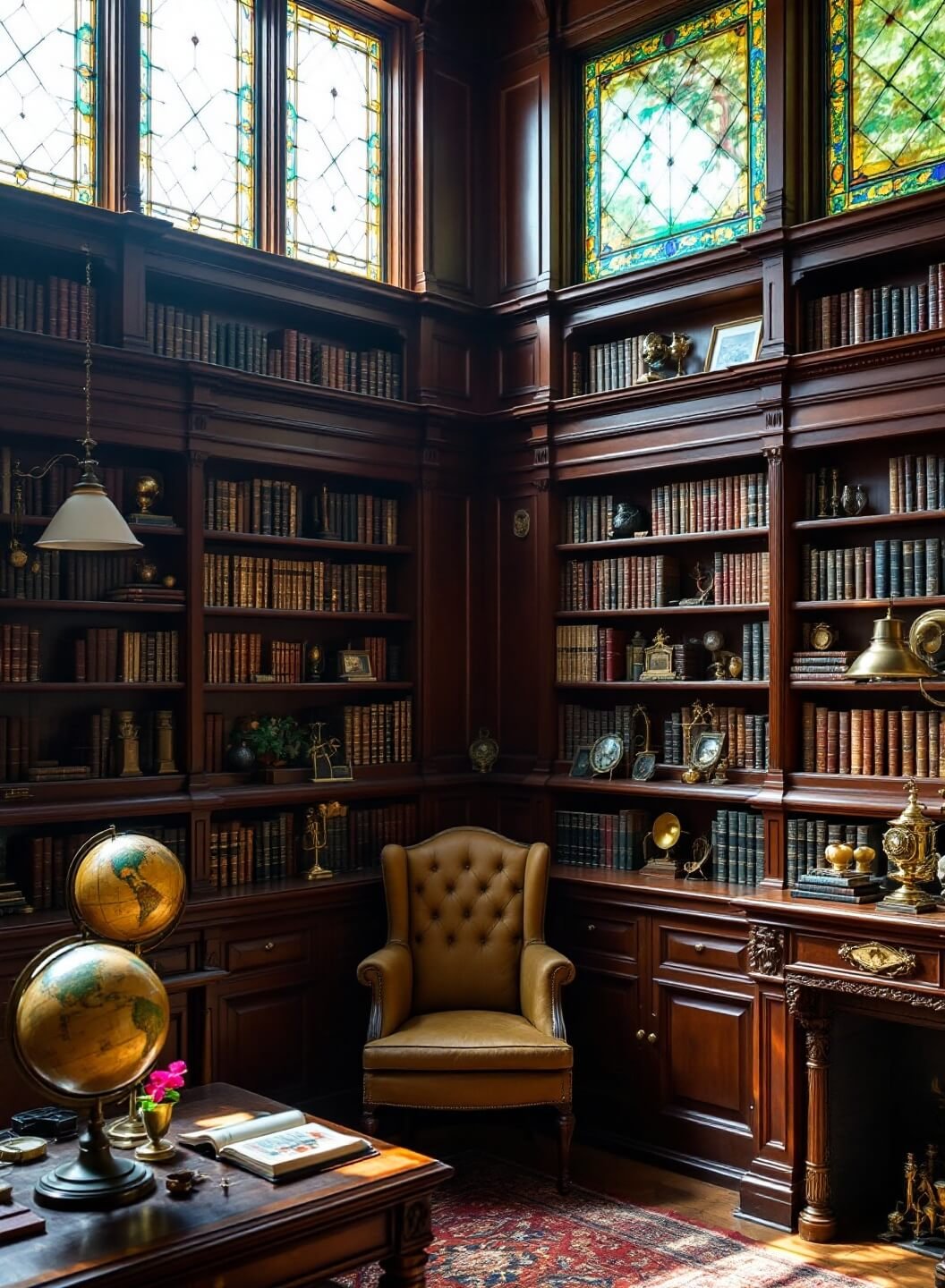 Maximalist Victorian-style library corner bathed in afternoon light, featuring mahogany shelves, stained glass windows, leather-bound books, vintage globes, antique brass instruments and botanical specimens with a rich jewel-tone color palette captured using a wide-angle lens.