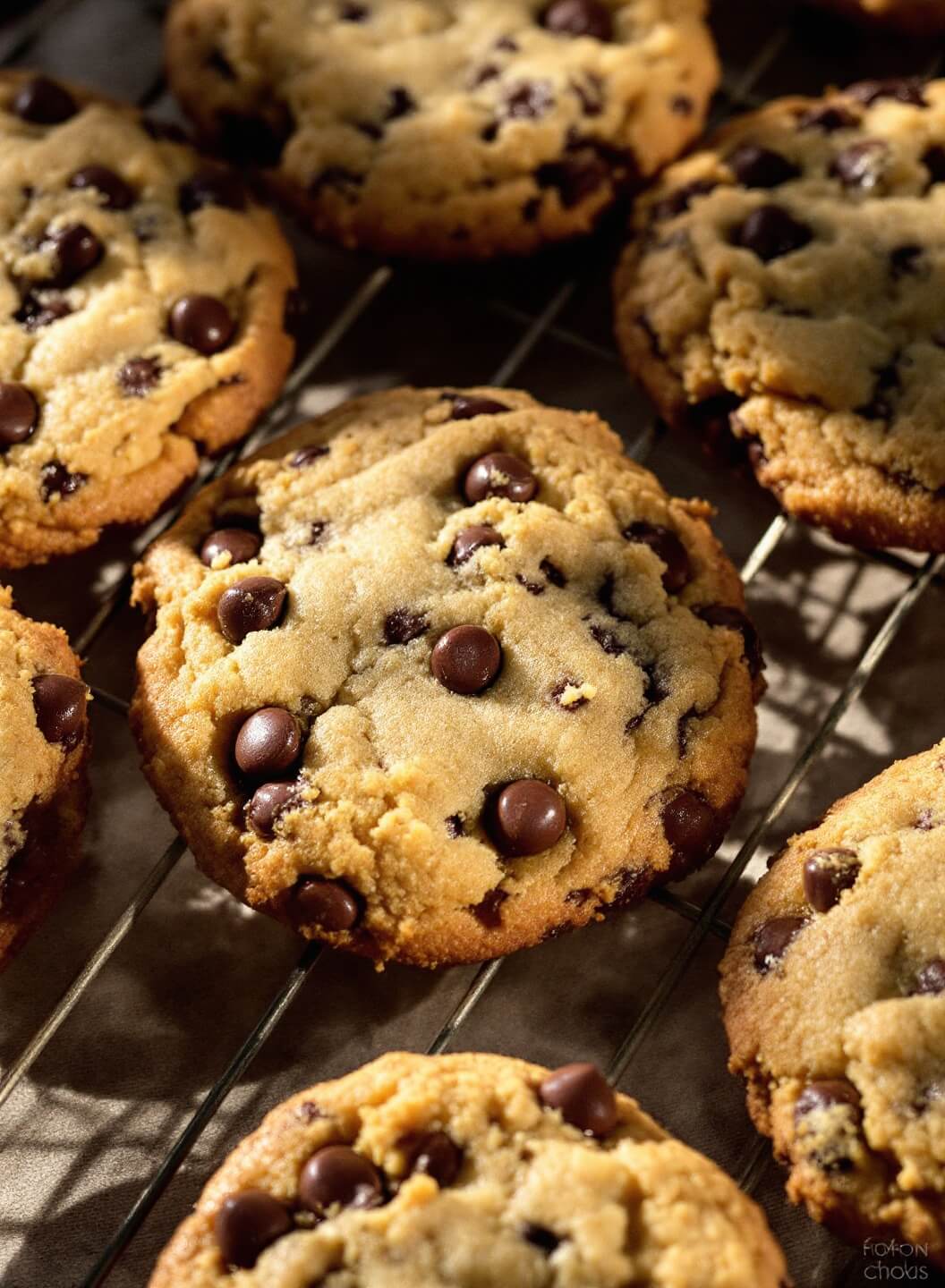 Freshly baked cookies with melted chocolate chips cooling on a wire rack in warm afternoon light