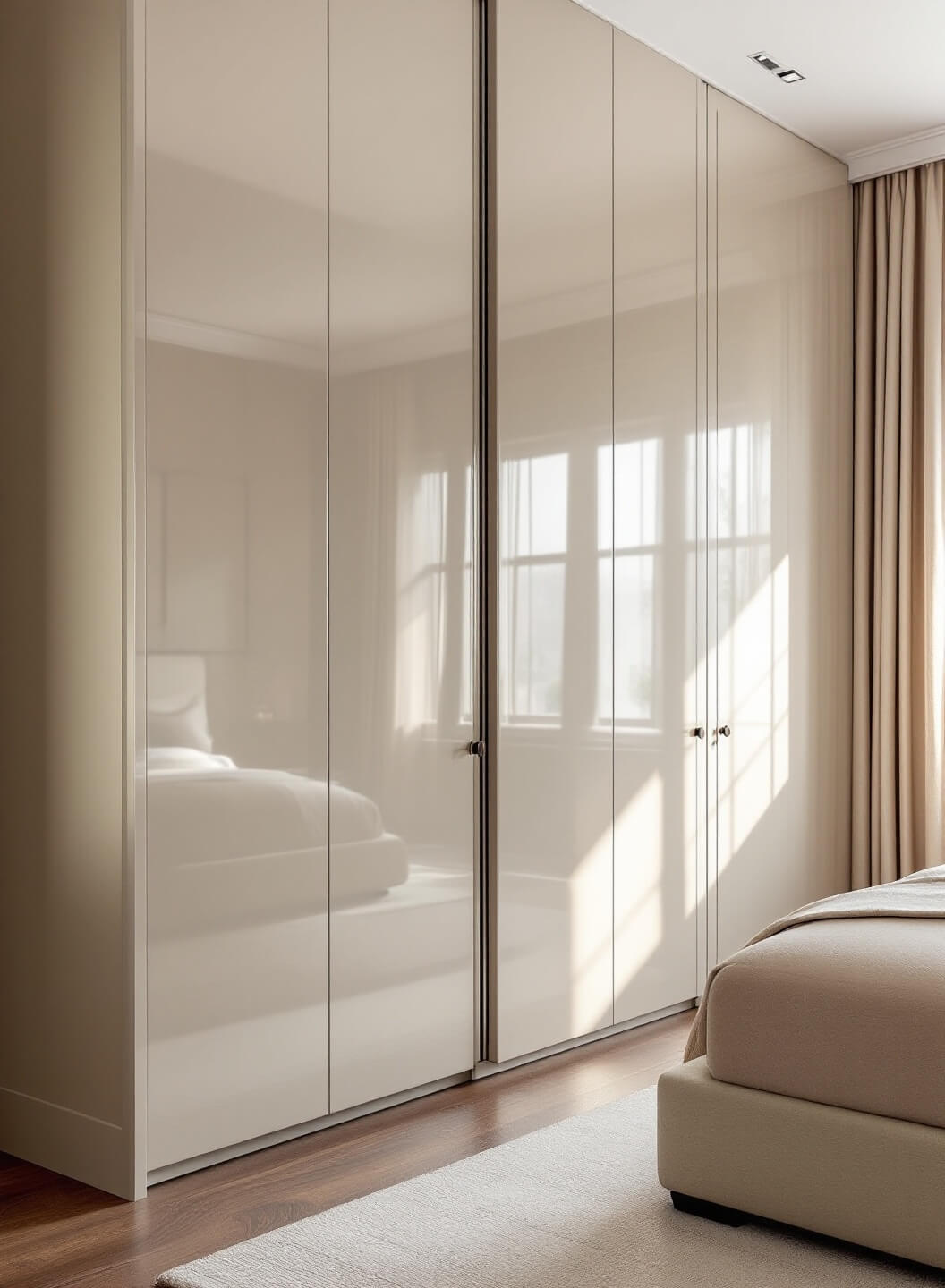 Luxurious high-gloss greige lacquer Murphy bed with seamless cabinet faces and minimalist hardware, illuminated by soft afternoon light, in a room featuring a neutral palette of greige, cream, and champagne with textured upholstery and window treatments