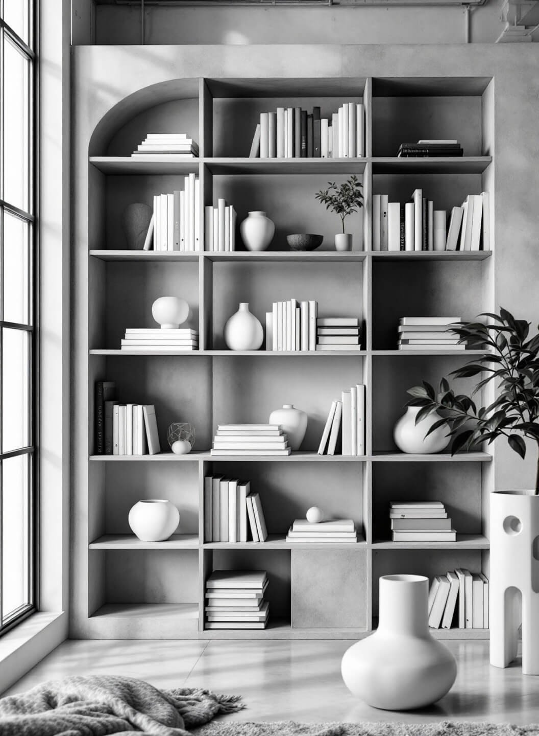 Modern minimal concrete bookshelf with arranged books and sculptural ceramic pieces in an urban loft with morning light from industrial windows