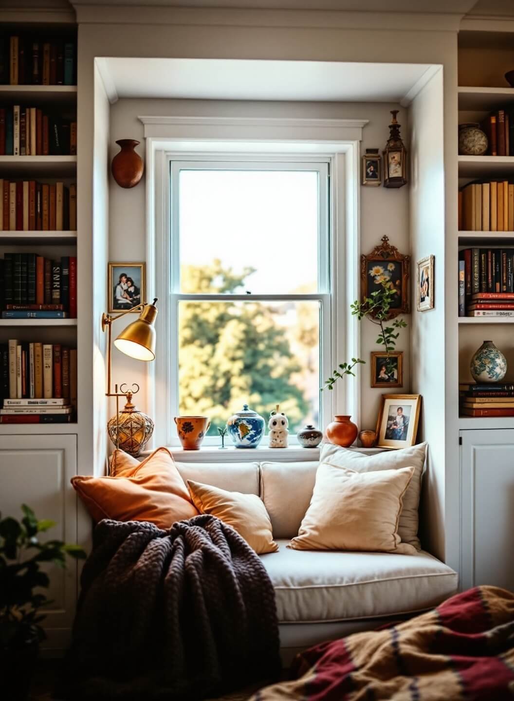 Cozy reading nook with bookshelves, window seat, vintage lamp, color-blocked books, travel mementos, family photos, and pottery in warm golden hour lighting