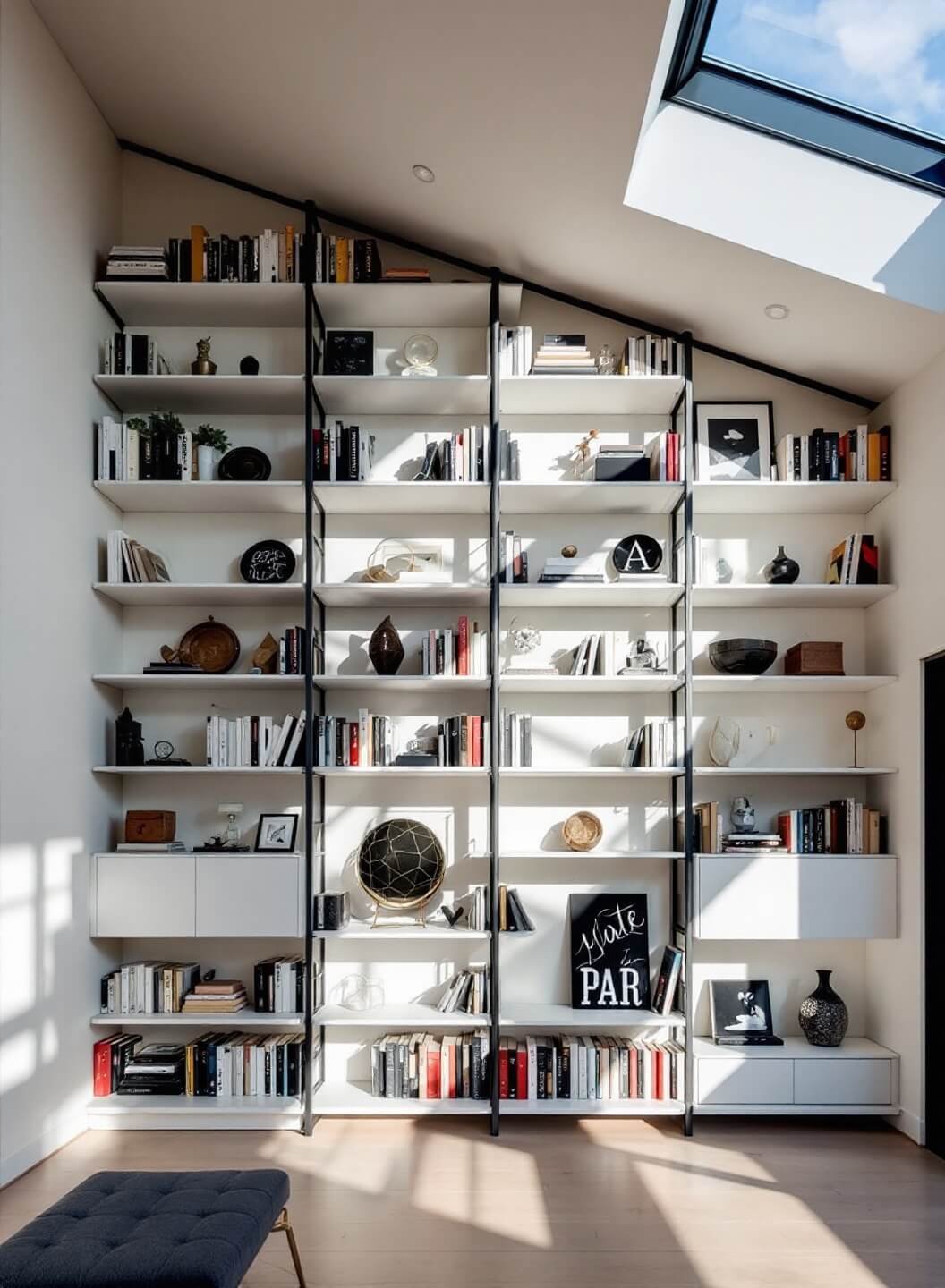 Double-height contemporary bookshelf wall in an open-concept living space with dramatic afternoon shadows, white shelves, black metal framework, color-coordinated books, modern art pieces, and geometric sculptures
