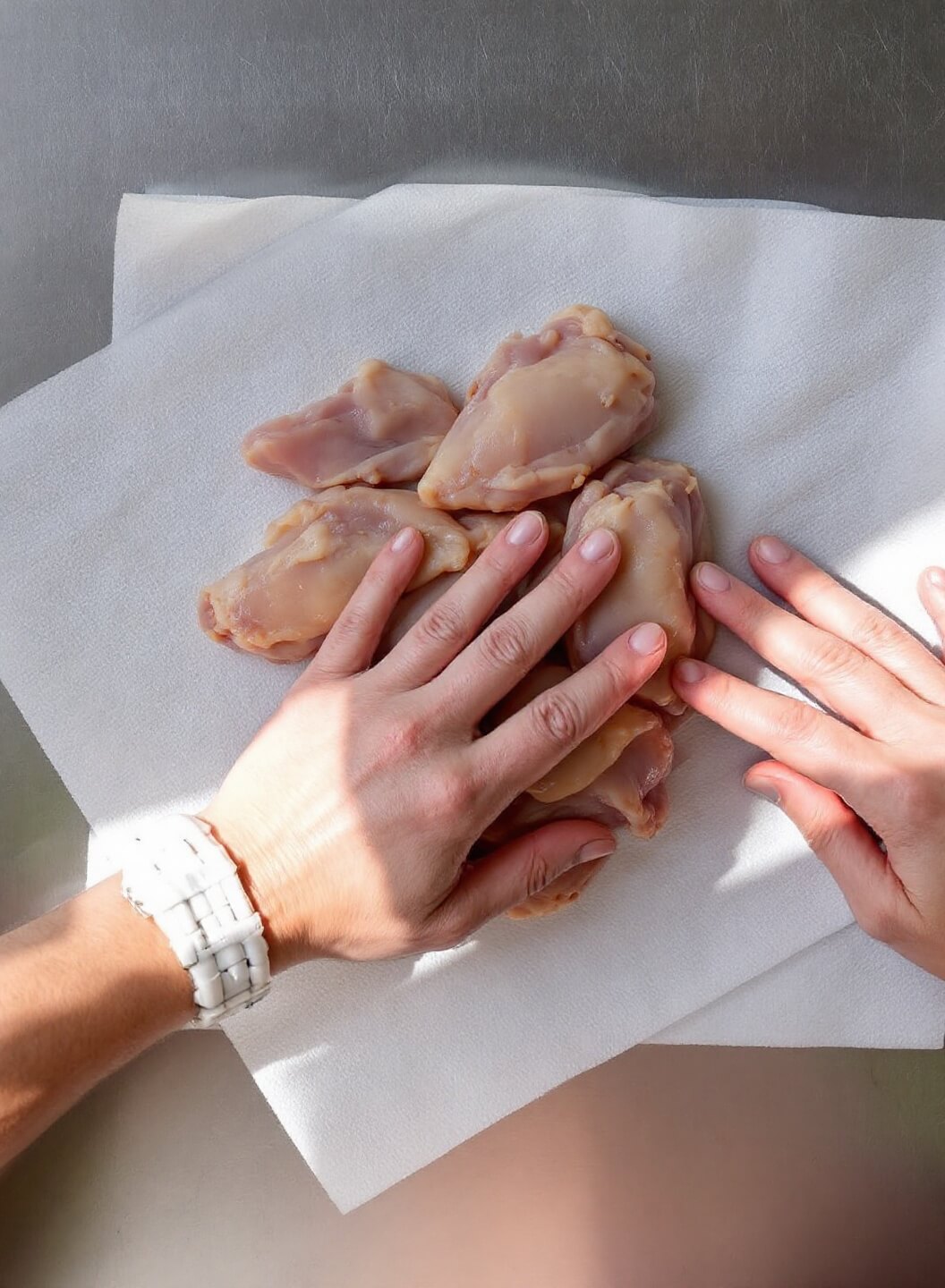 Raw chicken wings being patted dry with paper towels on a stainless steel countertop, illuminated by natural light from a window