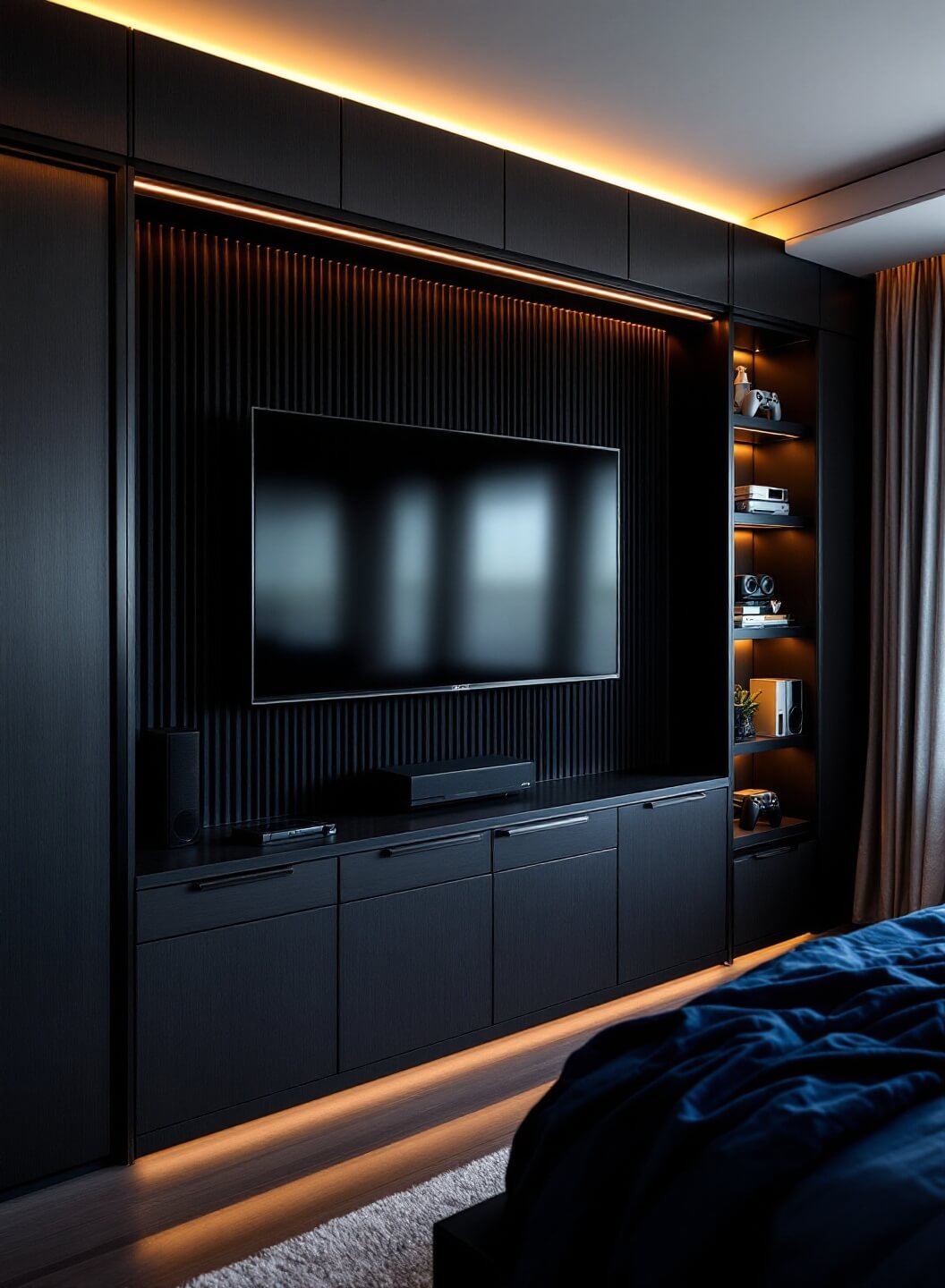 Sophisticated Murphy bed wall unit with mounted 65" TV, surround sound, ambient LED lighting, gaming equipment on floating shelves, in a dark charcoal and navy palette with copper accents.