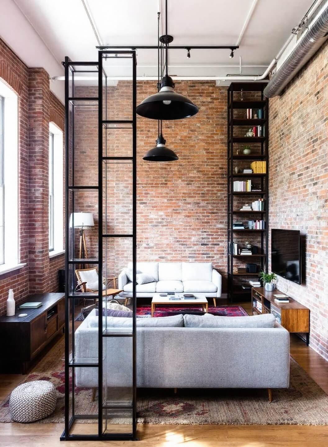 Elevated view of an industrial loft living space featuring exposed brick walls, 14' ceilings, furniture of varying heights including a 12' bookcase, 32