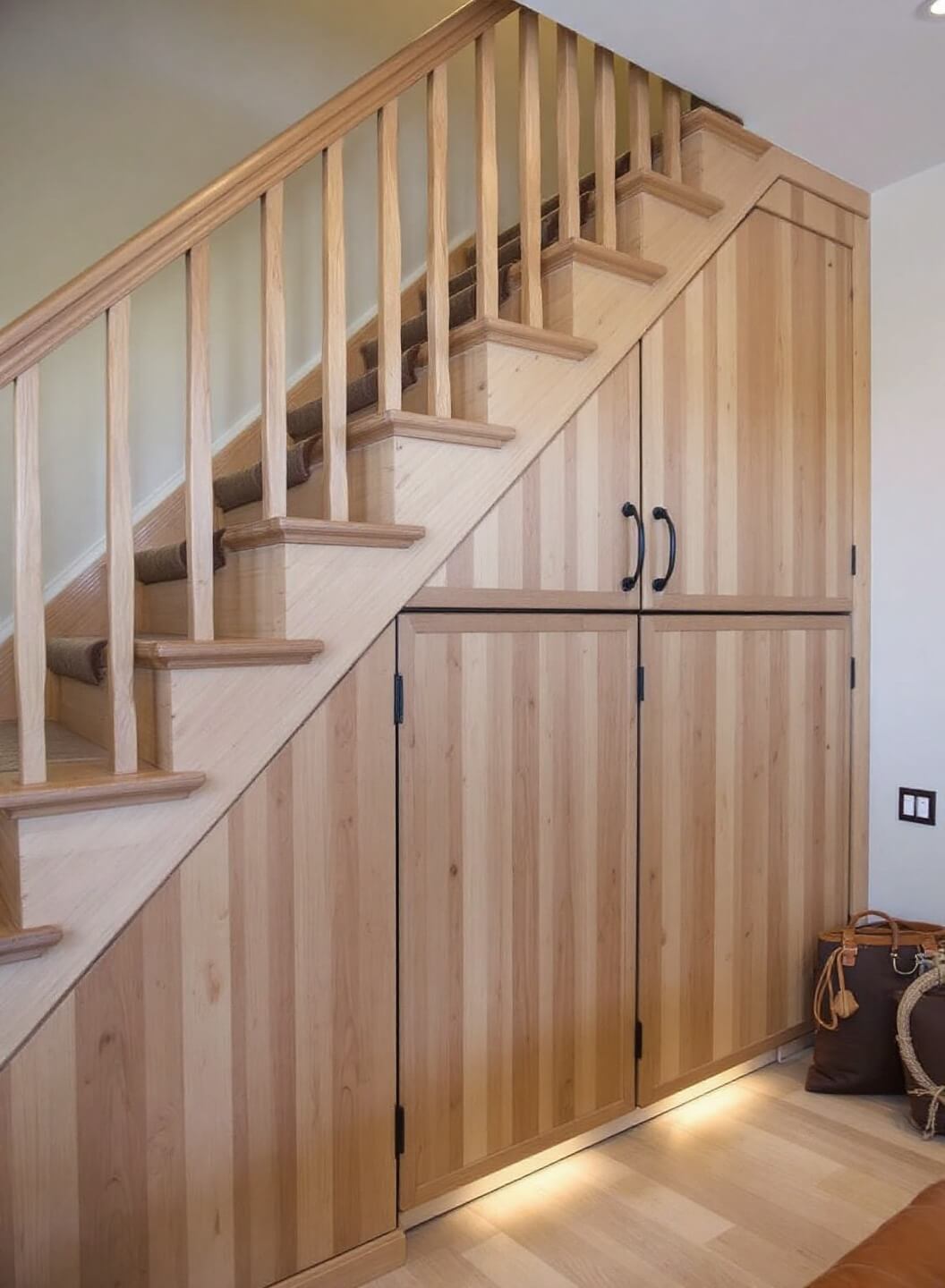 Oak Murphy bed tucked under a staircase with integrated motion lighting and black hardware accents, featuring natural materials like leather and woven textures