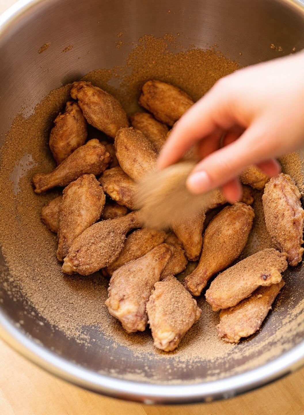 Chicken wings being tossed in a large steel bowl with seasoning powder under warm kitchen lights, illustrating the coating process with slight motion blur