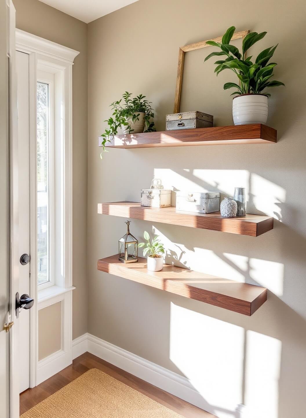 Sunlit foyer with high ceilings, walnut floating shelves displaying brass keys, vintage mail sorters and snake plants, against a greige wall, with a jute runner on the floor.