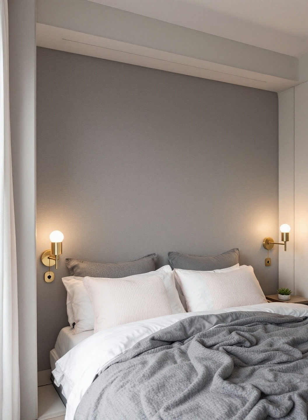 Cozy Murphy bed corner with soft grey linen headboard, built-in reading lights, USB integration, minimalist brass sconces, floating nightstand, and bedding in tones of white, grey, and blush in dawn lighting