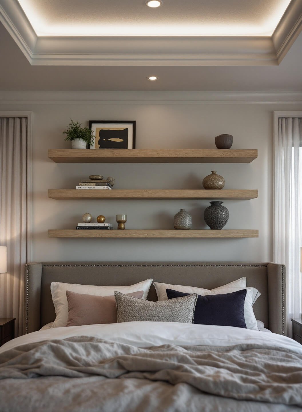 Master bedroom sanctuary with tray ceiling, upholstered headboard and oak floating shelves displaying art pieces, brass objects, and ceramic vessels, illuminated by dusk lighting through sheer curtains.