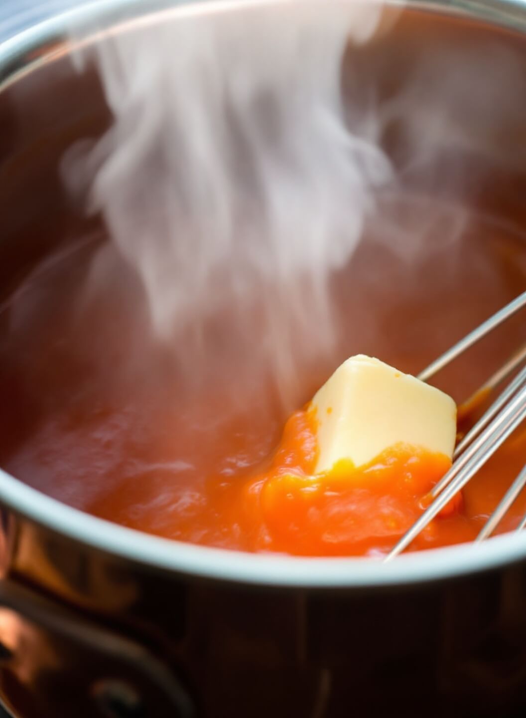 Steam rising from a copper saucepan as butter and hot sauce are whisked together, showcasing a striking contrast between gleaming metal and rich red sauce.