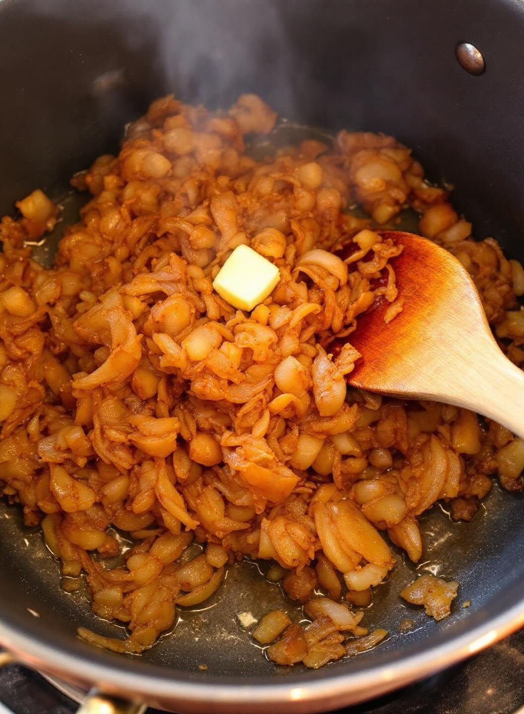 Caramelizing onions in a copper Dutch oven with steam rising, lit by warm kitchen lighting