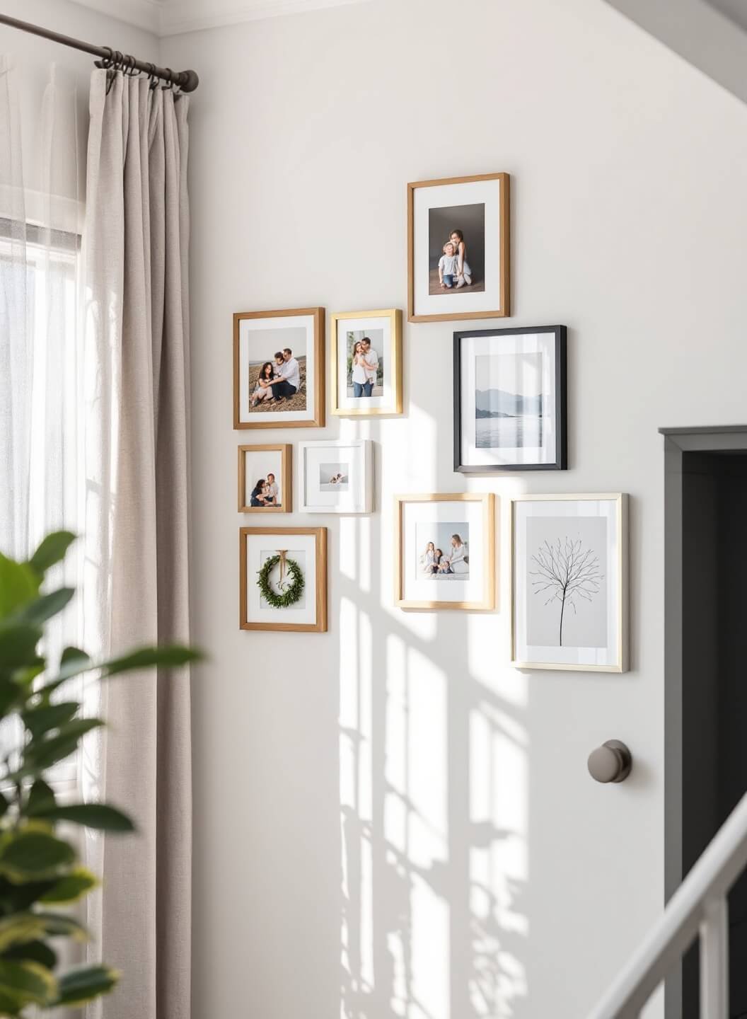 Stylish home office with high ceilings, white walls, and gallery wall of oak and brass frames over stairwell in early morning light