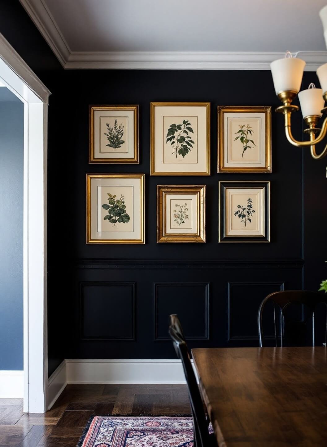 Dramatic intimate dining room with deep navy walls showcasing a collection of vintage botanical prints in antique gold and matte black frames, amplified by warm ambient chandelier lighting.
