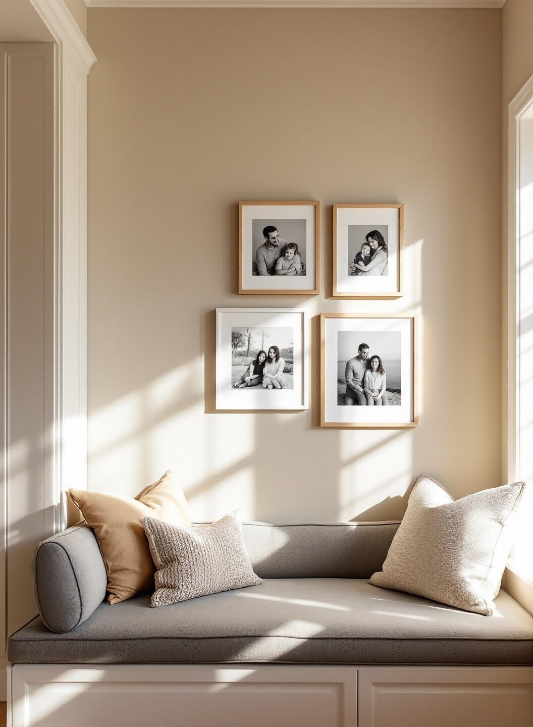 A sun-lit breakfast nook featuring a gallery wall of black and white family photos in Scandinavian-inspired frames, arranged above a built-in banquette, with morning light creating subtle shadows.