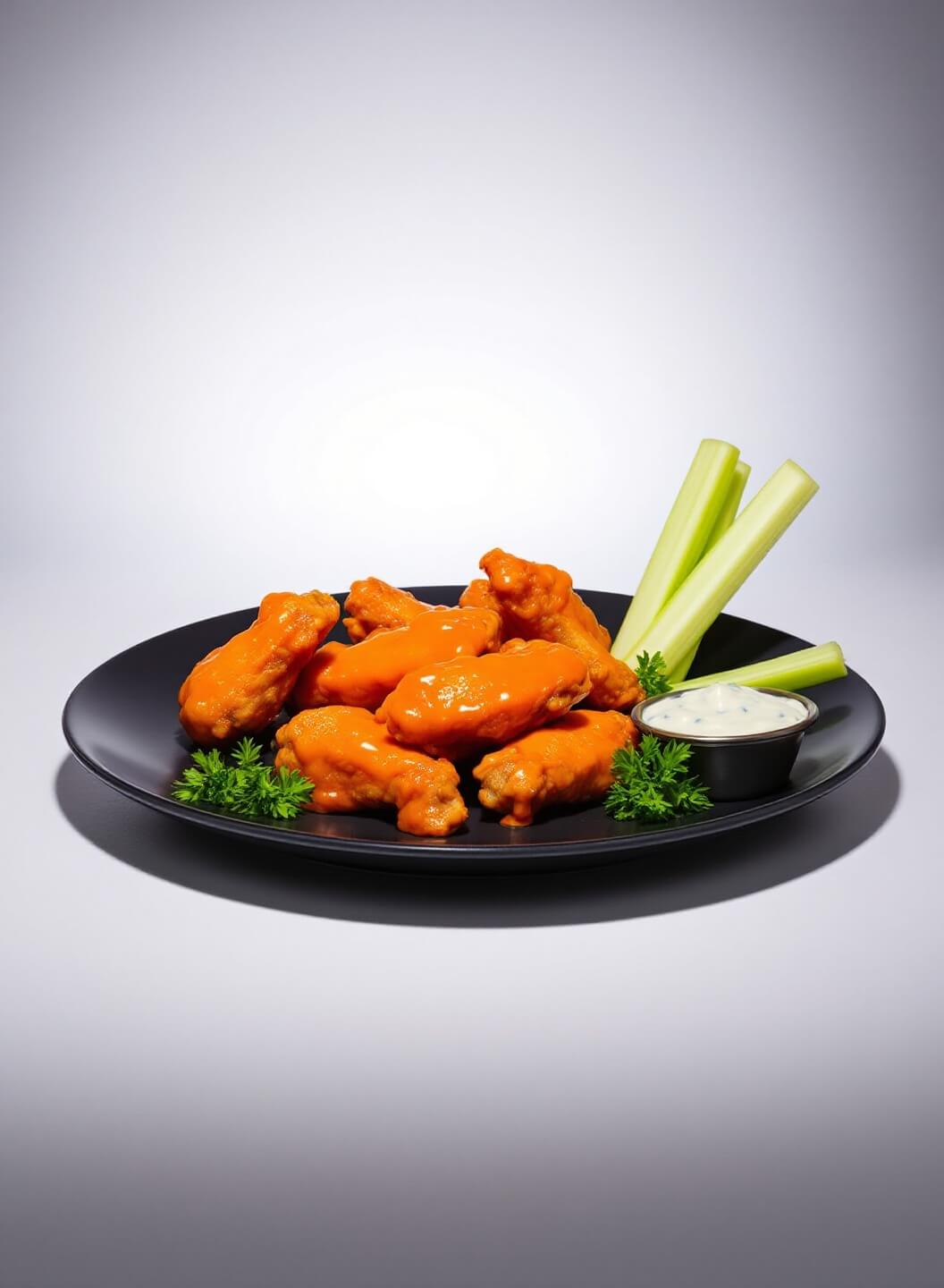 Glossy buffalo wings garnished with parsley and celery on a black plate with blue cheese dressing