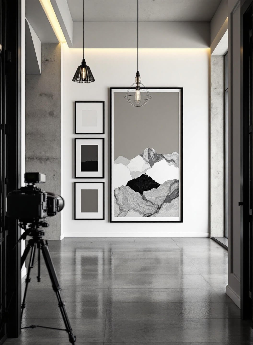 Modern open-concept living room with 12-foot high ceilings, exposed concrete elements, monochromatic gallery wall, large abstract centerpiece, and industrial pendant lighting.