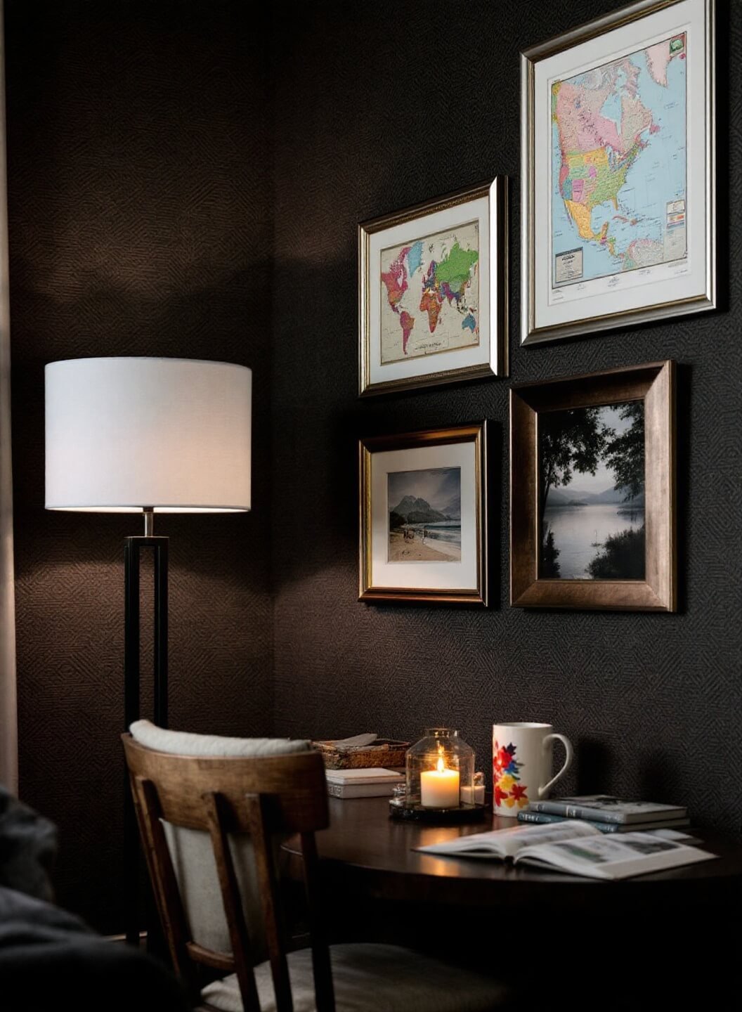 Cozy reading nook in a master bedroom with a gallery-style wall featuring vintage maps and photos, lit by a floor lamp and surrounded by textured wallpaper.