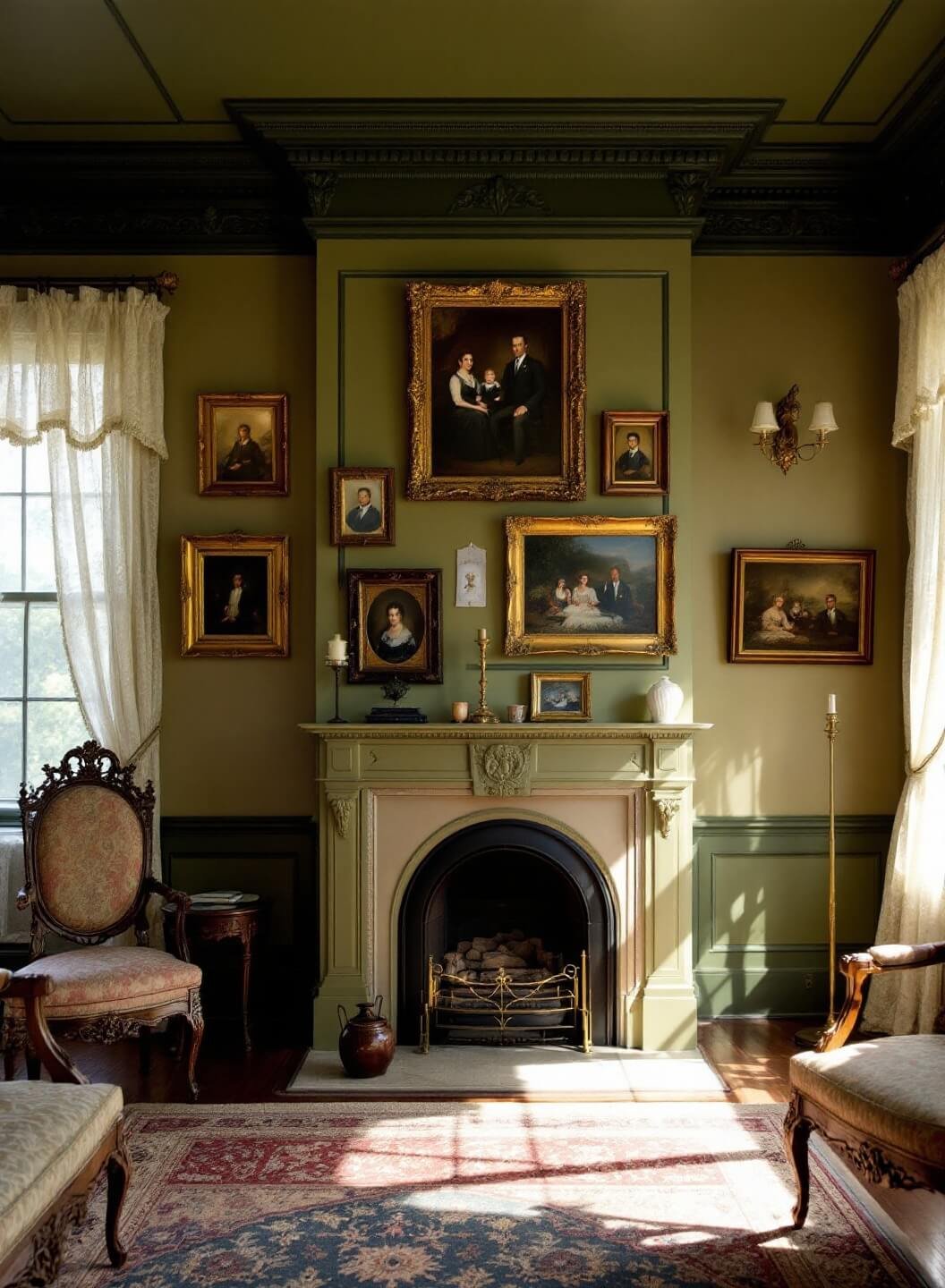 Victorian parlor with original crown molding, 11-foot ceilings, gold and mahogany framed artworks, period furniture with a classic fireplace in afternoon sunlight.