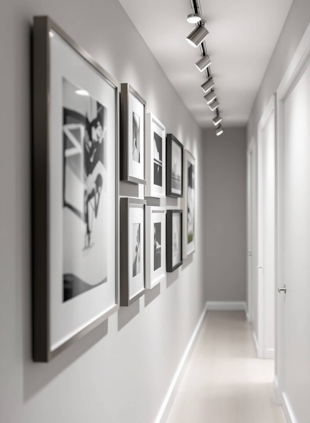 Contemporary hallway illuminated with LED track lighting showcasing a gallery wall with modern photography in brushed nickel and matte white frames against pale gray walls