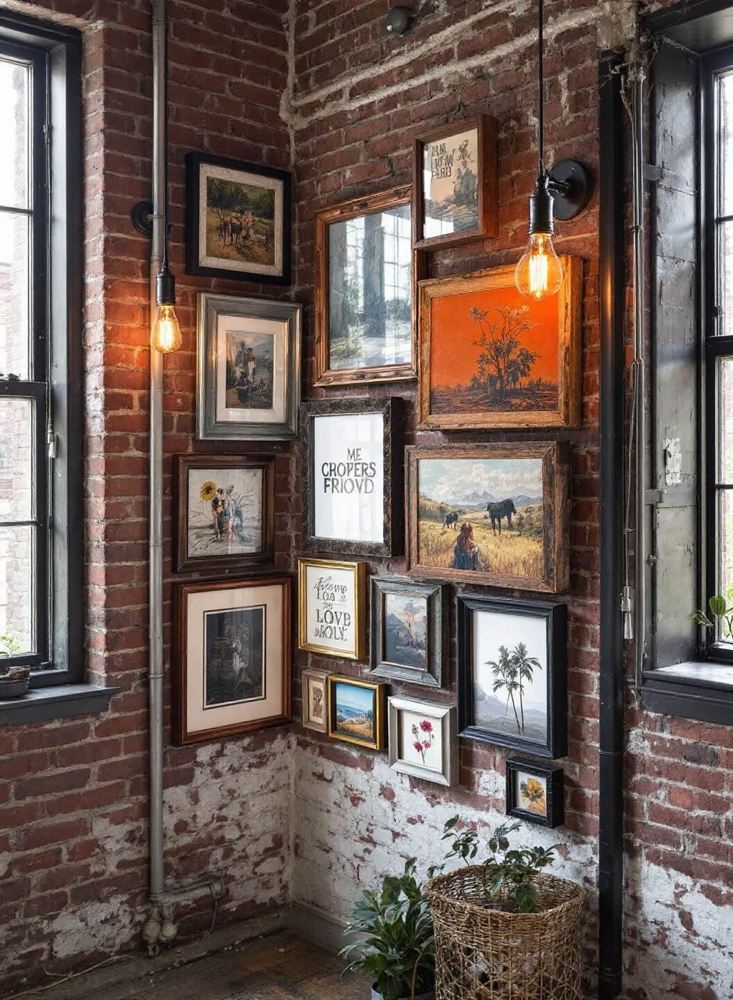 Bohemian artist's loft featuring exposed brick walls, industrial windows, eclectic gallery of frames, vintage Edison bulb fixtures, captured from a corner angle.