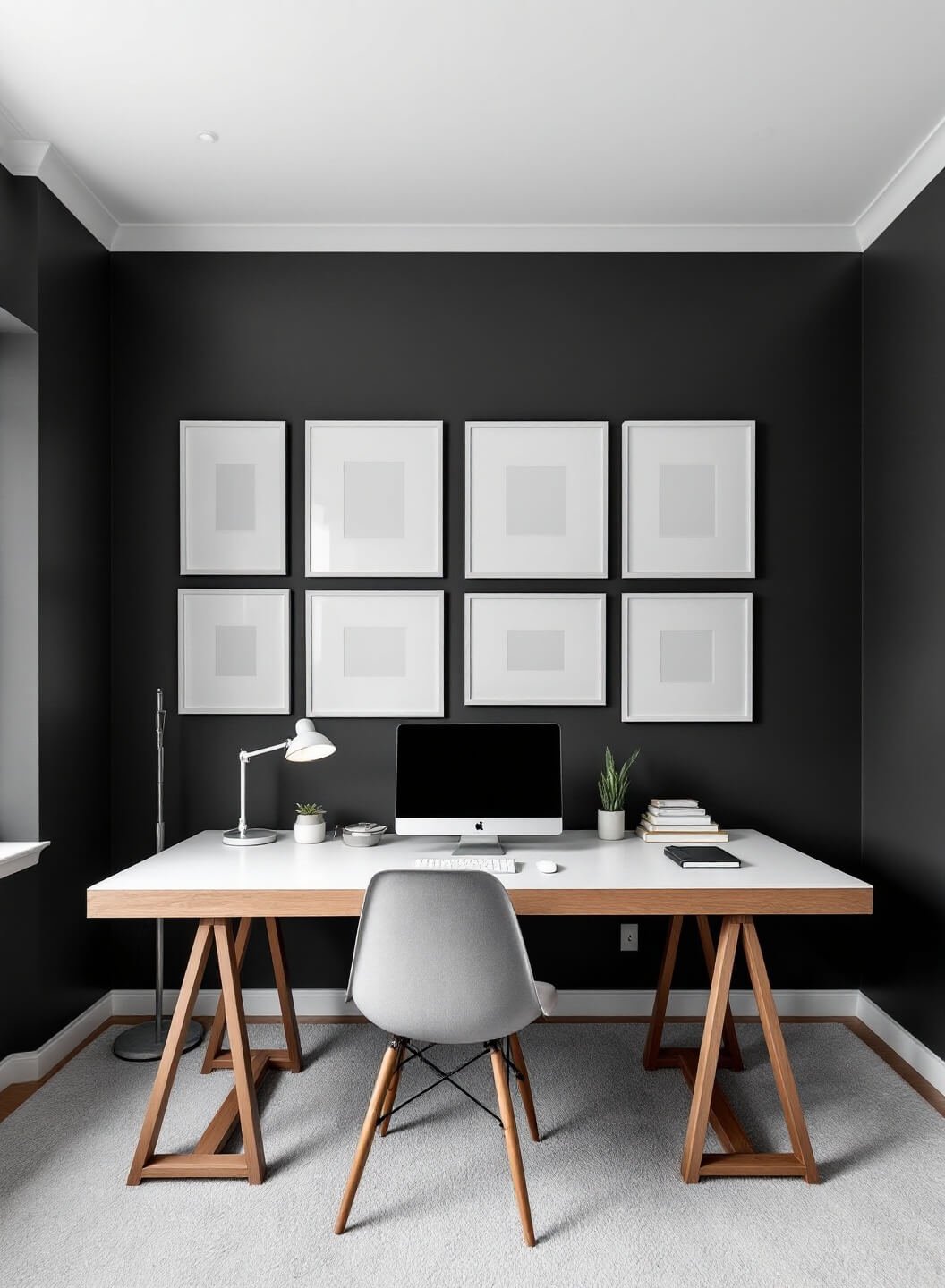 Minimalist home office with fifteen white frames on charcoal wall, under LED lighting captured in ultra-wide angle view