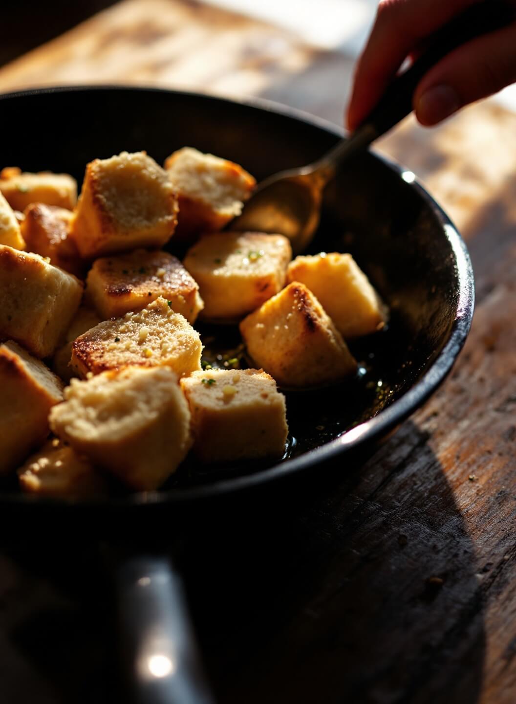 Sourdough cubes being cooked in cast-iron skillet with olive oil and minced garlic in a rustic kitchen setting