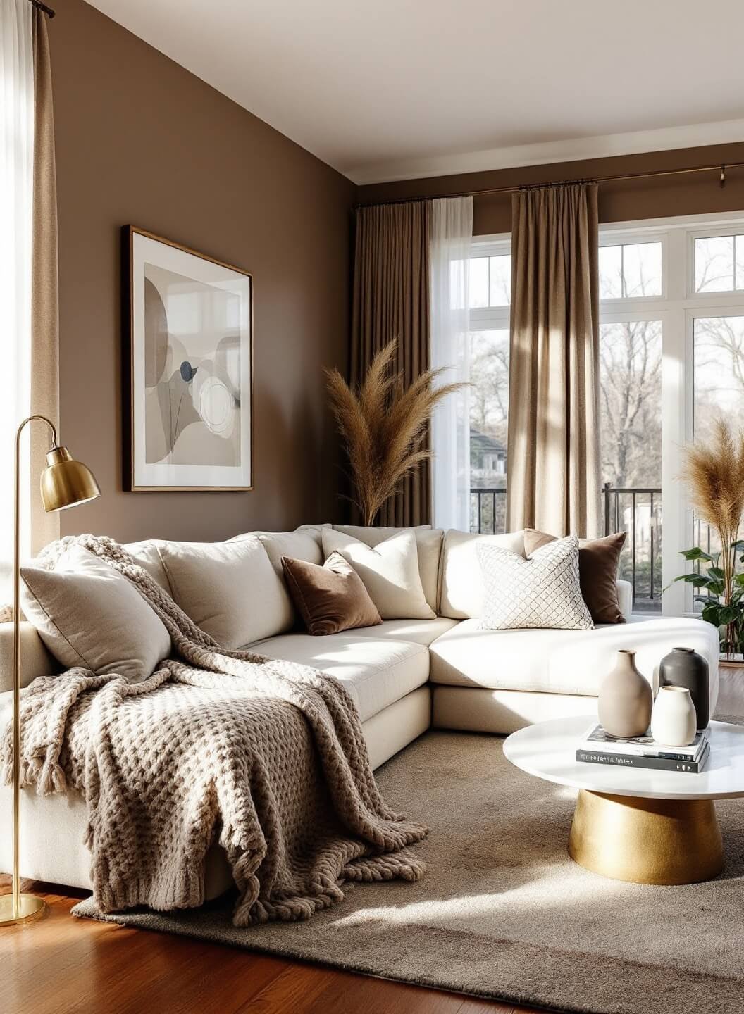 Spacious living room with mocha walls, cream sectional, and texture-rich decor lit by morning light through large windows