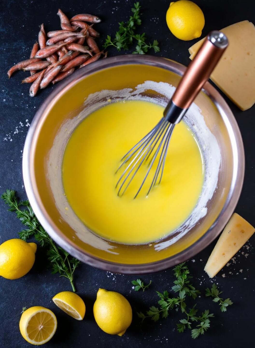 Overhead view of egg yolk and olive oil emulsion being whisked in a copper bowl, with anchovies, lemons, and Parmesan cheese arranged nearby