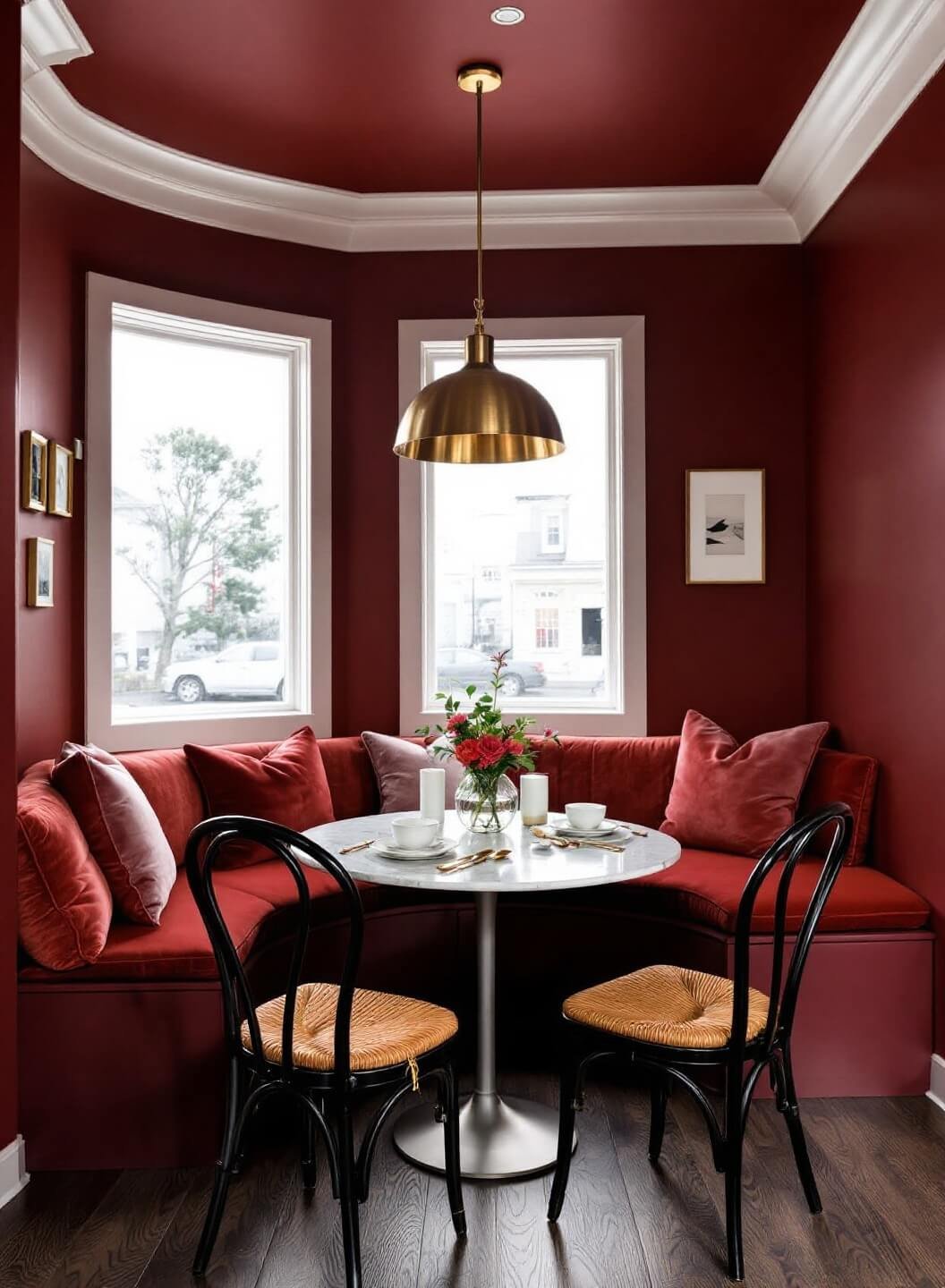 Overhead view of an intimate dining nook in deep ruby red with built-in banquette seating, round marble table, black bentwood chairs, brass pendant light, styled with velvet cushions, a mini art gallery, and a minimal white and gold table setting in evening lighting.