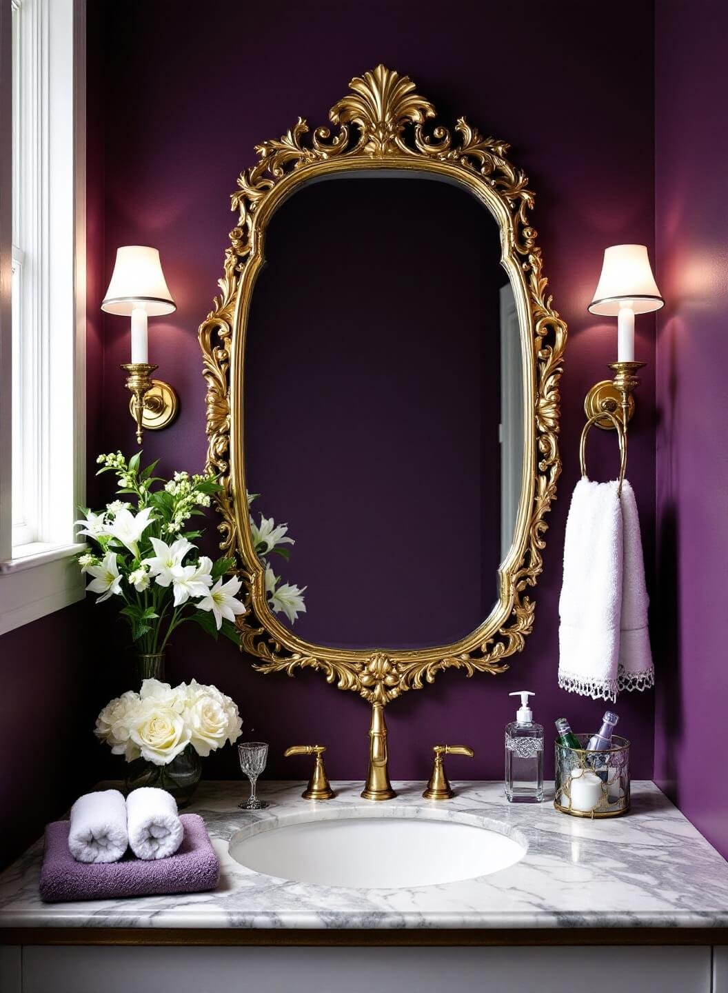 Luxurious powder room with rich purple walls, gold-veined marble vanity, ornate gold mirror and sconces, crystal accessories, fresh white flowers, and plush hand towels under soft artificial lighting