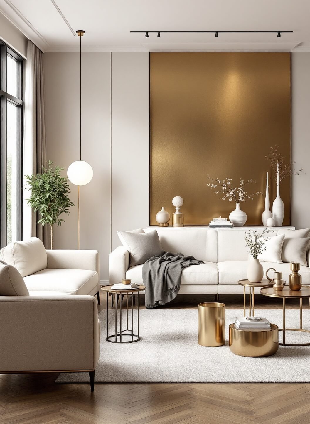 Modern living space with brushed gold metallic accent wall, cream and gray contemporary furniture, mixed metal accessories, geometric sculptures, mirror collection, minimal floral arrangements, and strategic accent lighting.