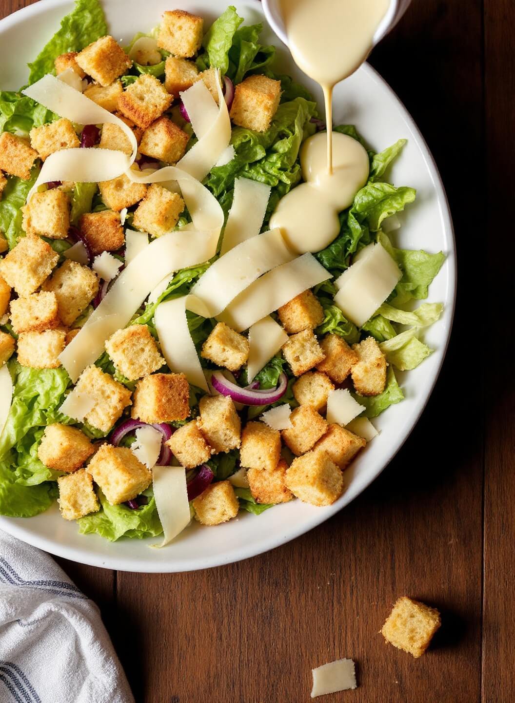 Professional plating of caesar salad in a white ceramic bowl with crisp romaine, golden croutons, Parmesan ribbons and creamy dressing