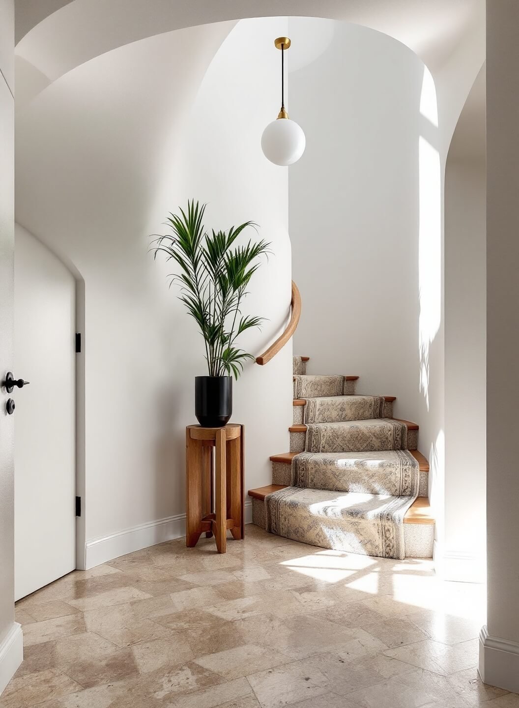 Illuminated 10x12ft entryway with limestone flooring, curved staircase with white oak handrail, vintage Persian runner, and minimalist brass pendant.